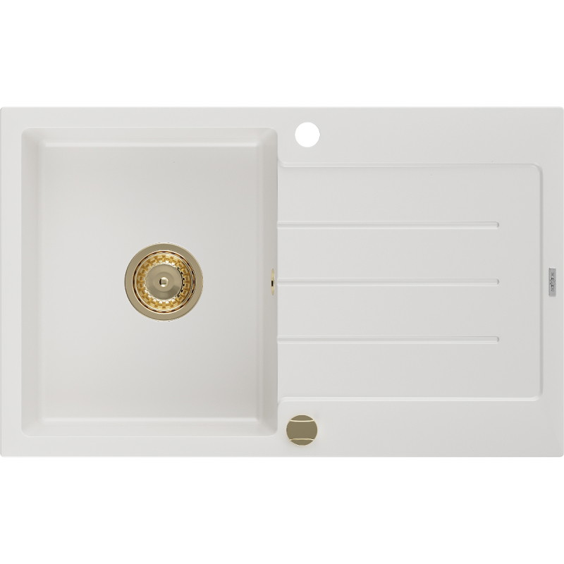 Mexen Bruno Granitspüle 1-Kammer mit Abtropffläche 795 x 495 mm, weiß, Syphon gold - 6513791010-20-G