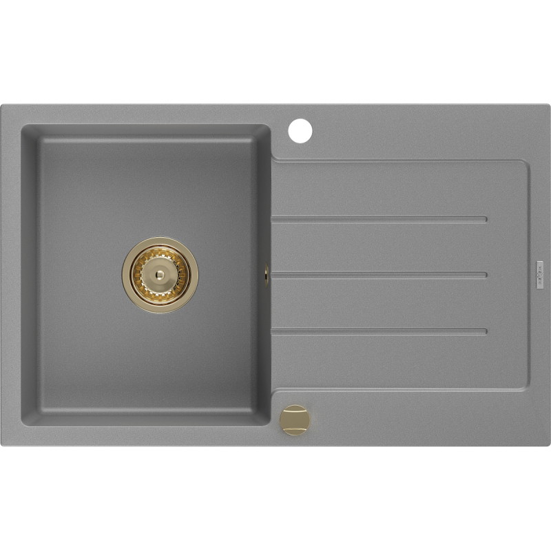 Mexen Bruno Granitspüle 1-Becken mit Abtropffläche 795 x 495 mm, grau, goldener Syphon - 6513791010-71-G