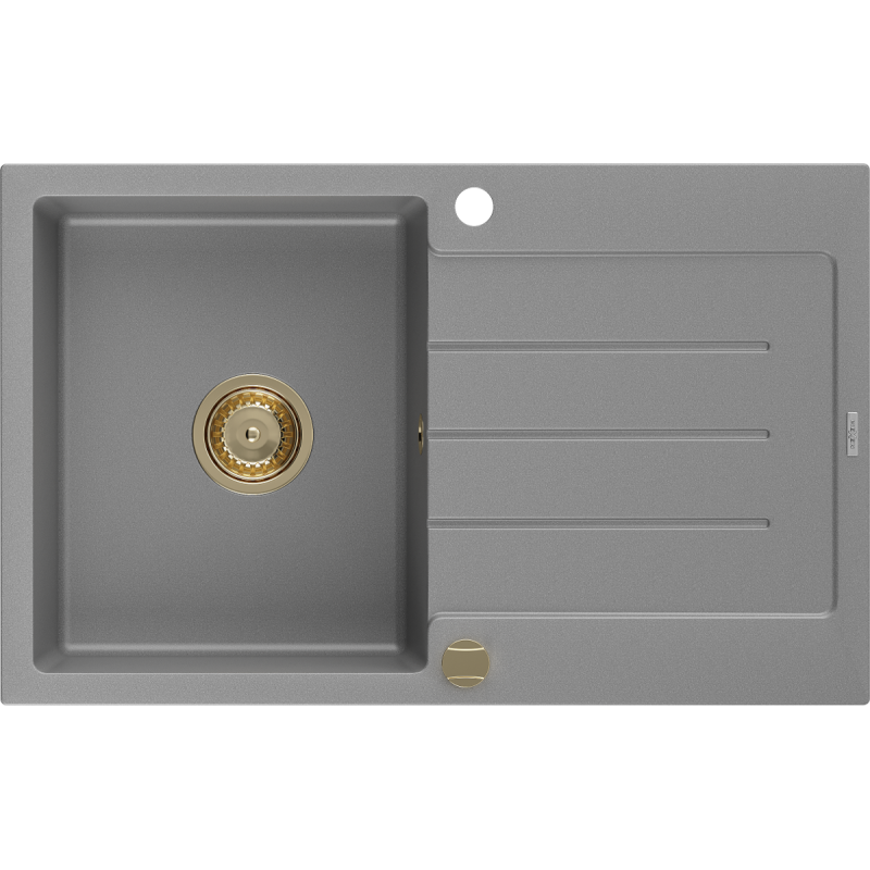 Mexen Bruno Granitspüle 1-beckig mit Abtropffläche 795 x 495 mm, grau, goldener Siphon - 6513791010-71-G