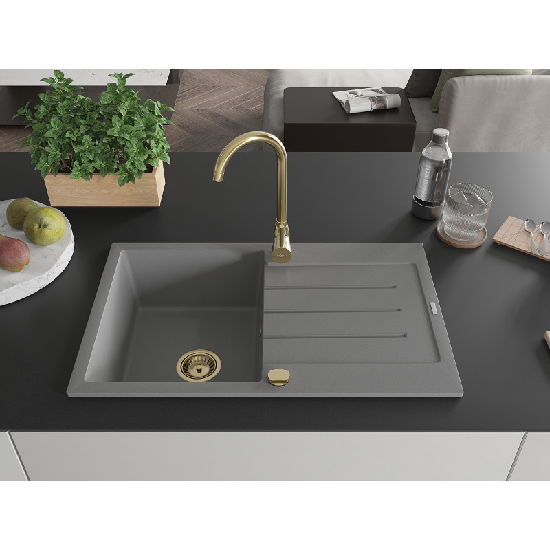 Mexen Bruno Granitspüle 1-beckig mit Abtropffläche 795 x 495 mm, grau, Siphon gold - 6513791010-71-G