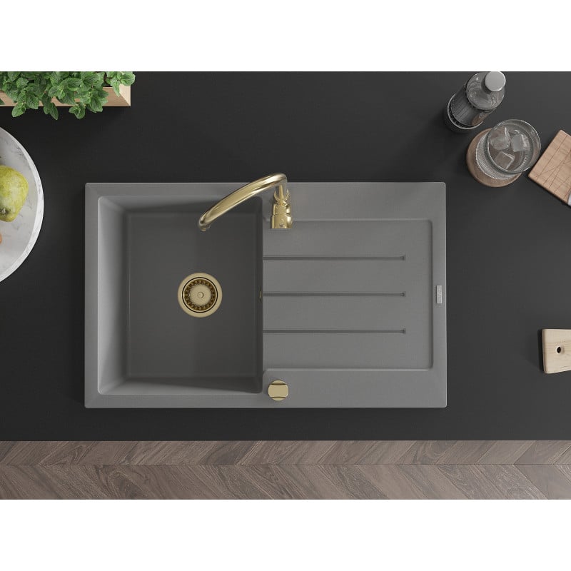 Mexen Bruno Granitspüle 1-beckig mit Abtropffläche 795 x 495 mm, grau, goldener Siphon - 6513791010-71-G