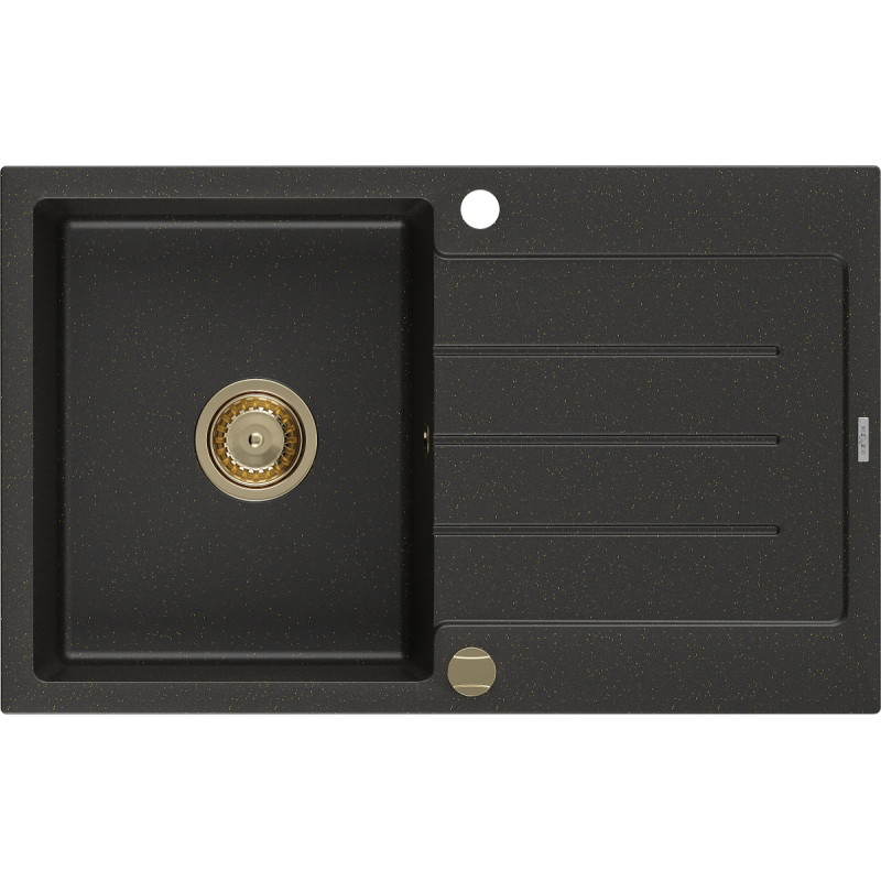 Mexen Bruno Granitspüle ein Becken mit Abtropffläche 795 x 495 mm, schwarz/goldenes Metallic, goldener Siphon