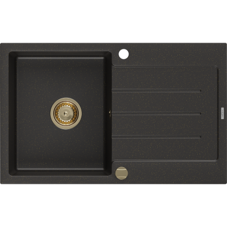 Mexen Bruno Granitspüle 1-beckig mit Abtropffläche 795 x 495 mm, schwarz/gold-metallik, goldener Siphon - 6513791010-75-G