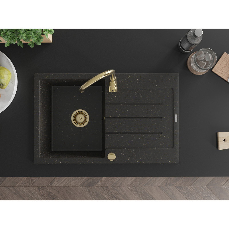 Mexen Bruno Granitspüle 1-Becken mit Abtropffläche 795 x 495 mm, Schwarz/Gold Metallic, Siphon Gold - 6513791010-75-G