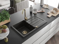 Mexen Bruno Granitspüle 1 Becken mit Abtropffläche 795 x 495 mm, schwarz/goldener Metallic, goldener Siphon - 6513791010-75-G