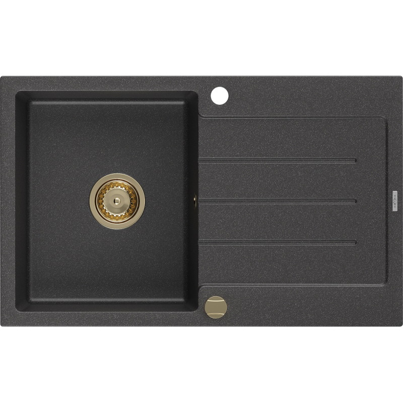 Mexen Bruno Granitspüle 1-Becken mit Abtropffläche 795 x 495 mm, schwarz gesprenkelt, Siphon goldfarben - 6513791010-76-G