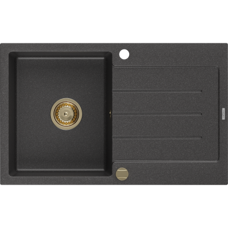 Mexen Bruno Granitspüle 1-beckig mit Abtropffläche 795 x 495 mm, schwarz gesprenkelt, goldener Siphon - 6513791010-76-G