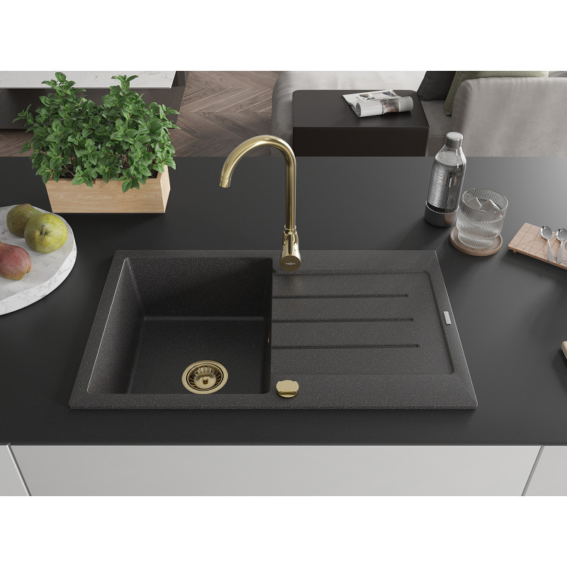 Mexen Bruno Granitspüle 1-beckig mit Abtropffläche 795 x 495 mm, schwarz gesprenkelt, goldener Siphon - 6513791010-76-G