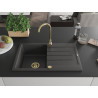 Mexen Bruno Granitspüle 1-beckig mit Abtropffläche 795 x 495 mm, schwarz gesprenkelt, goldener Siphon - 6513791010-76-G