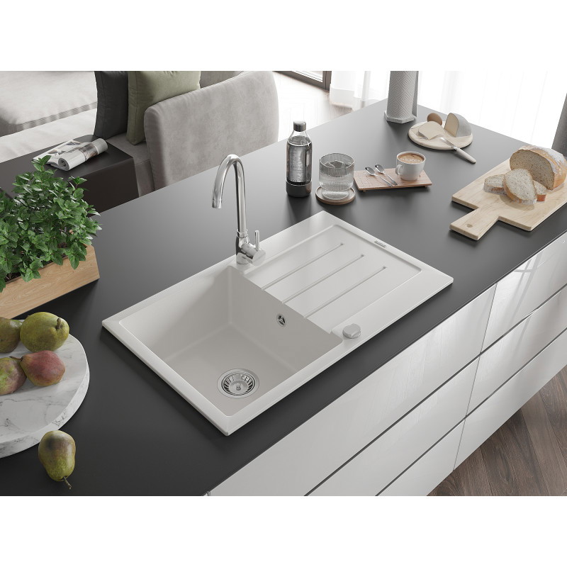 Mexen Bruno Granitspüle 1-Becken mit Abtropffläche 795 x 495 mm, weiß, Siphon chrom - 6513791010-20