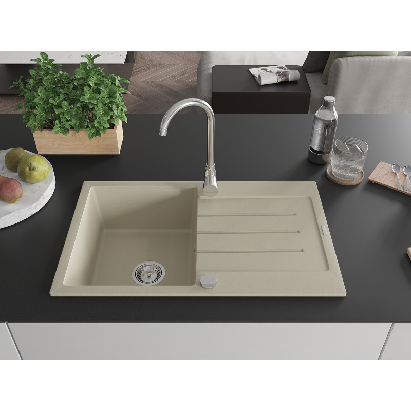 Mexen Bruno Granitspüle 1-fach mit Abtropffläche 795 x 495 mm, beige, Chrom-Siphon - 6513791010-69