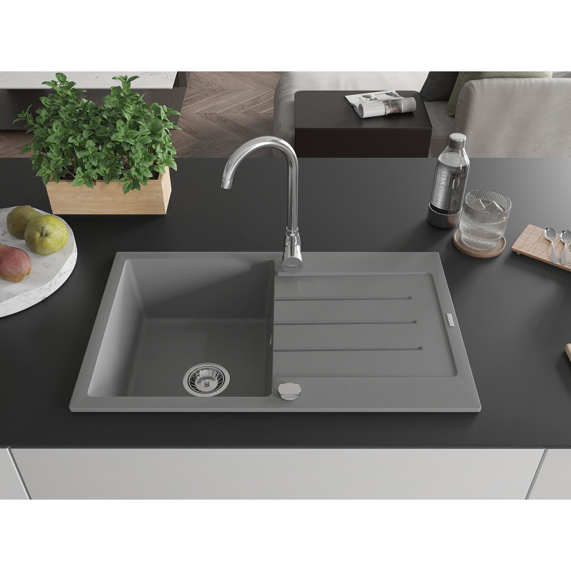 Mexen Bruno granitspüle 1-becken mit abtropffläche 795 x 495 mm, grau, chrom siphon - 6513791010-71