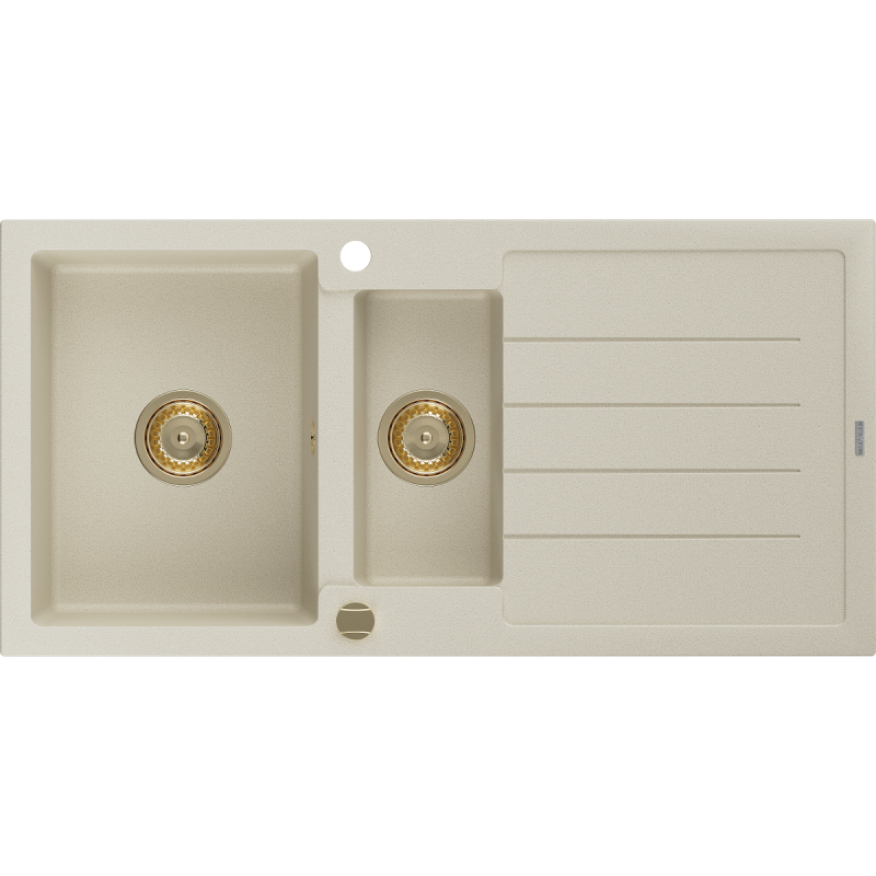 Mexen Andres Granitspüle 1,5-Becken mit Abtropffläche 1000 x 500 mm, beige, goldener Siphon - 6515101510-69-G
