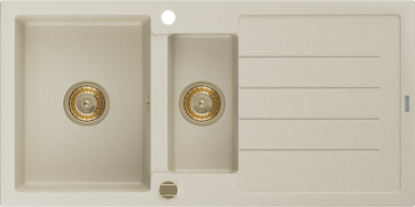 Mexen Andres Granitspüle 1,5-Becken mit Abtropffläche 1000 x 500 mm, beige, goldener Siphon - 6515101510-69-G