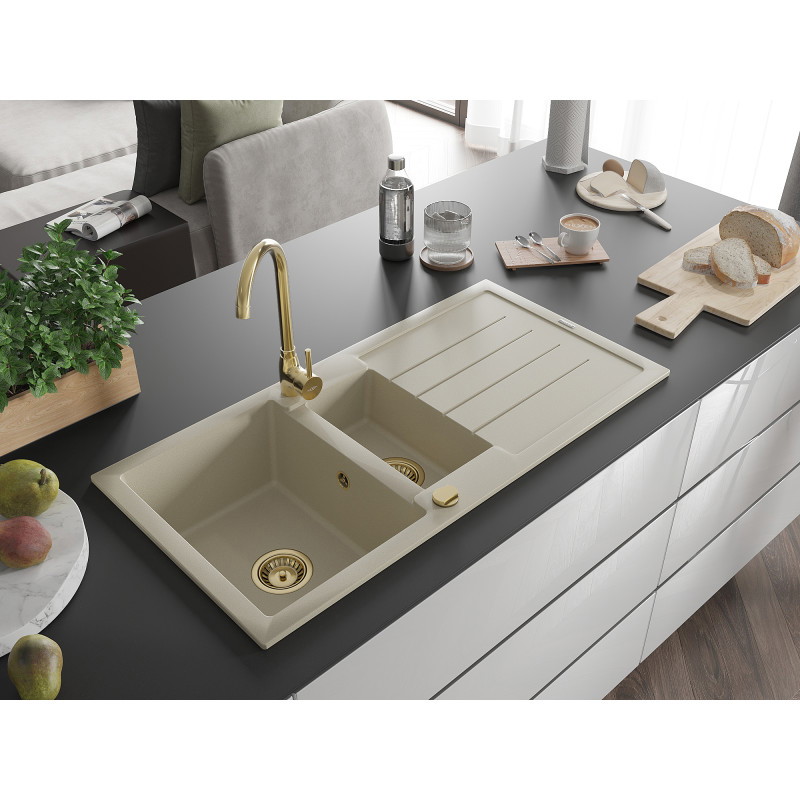 Mexen Andres Granitspüle 1,5-beckig mit Abtropffläche 1000 x 500 mm, beige, goldener Syphon - 6515101510-69-G