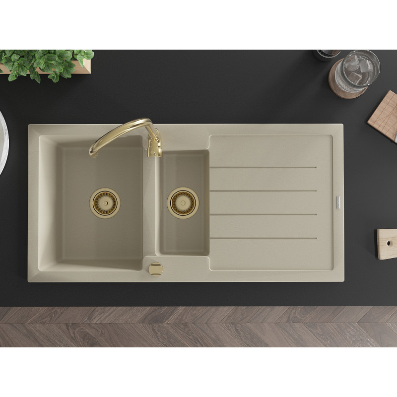 Mexen Andres Granitspüle 1,5-Becken mit Abtropffläche 1000 x 500 mm, beige, goldener Siphon - 6515101510-69-G