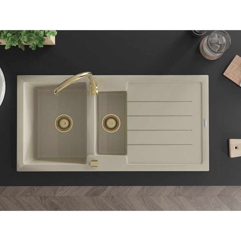 Mexen Andres Granitspüle 1,5-beckig mit Abtropffläche 1000 x 500 mm, beige, goldener Syphon - 6515101510-69-G