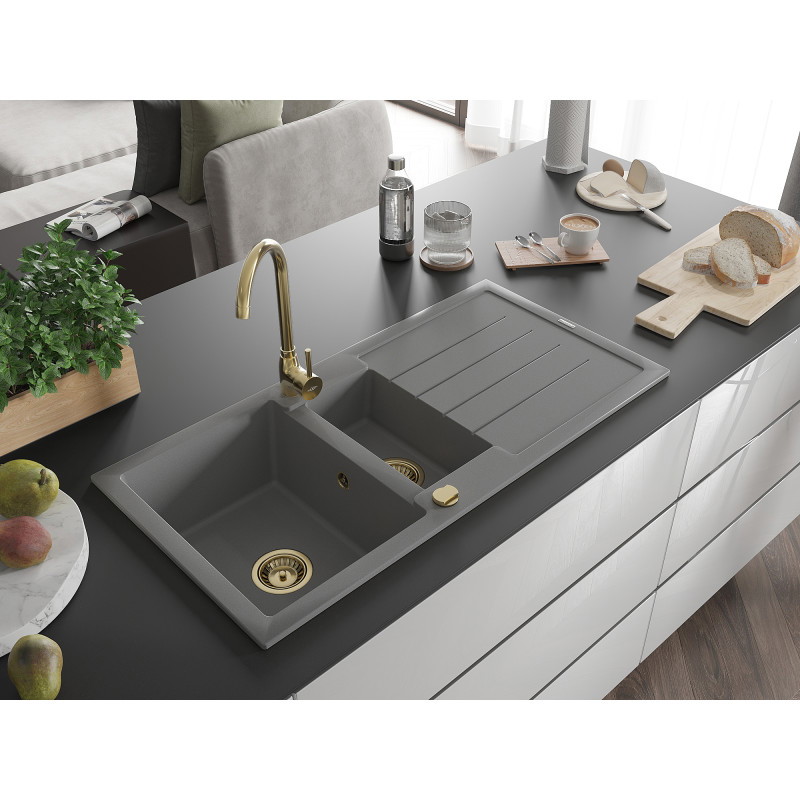 Mexen Andres Granitspüle 1,5-Becken mit Abtropffläche 1000 x 500 mm, grau, goldener Siphon - 6515101510-71-G