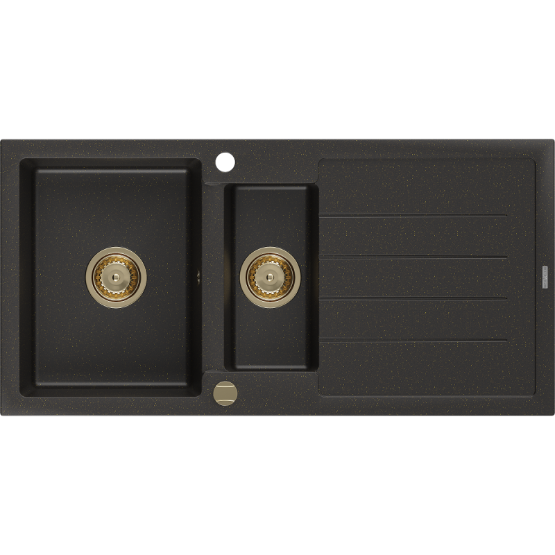 Mexen Andres Granitspüle 1,5-Becken mit Abtropffläche 1000 x 500 mm schwarz/gold metallic, Siphon gold - 6515101510-75-G