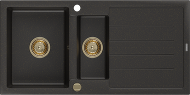 Mexen Andres Granitspüle mit 1,5 Becken und Abtropffläche 1000 x 500 mm schwarz/gold metallic, goldener Siphon