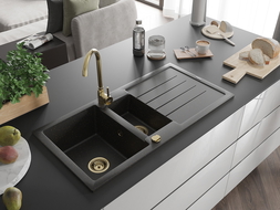 Mexen Andres 1,5-Becken-Granitspüle mit Abtropffläche 1000 x 500 mm Schwarz/Gold metallisch, Siphon Gold - 6515101510-75-G