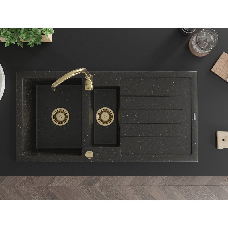 Mexen Andres Granitspüle 1,5-beckig mit Abtropffläche 1000 x 500 mm schwarz/gold metallic, goldener Siphon - 6515101510-75-G