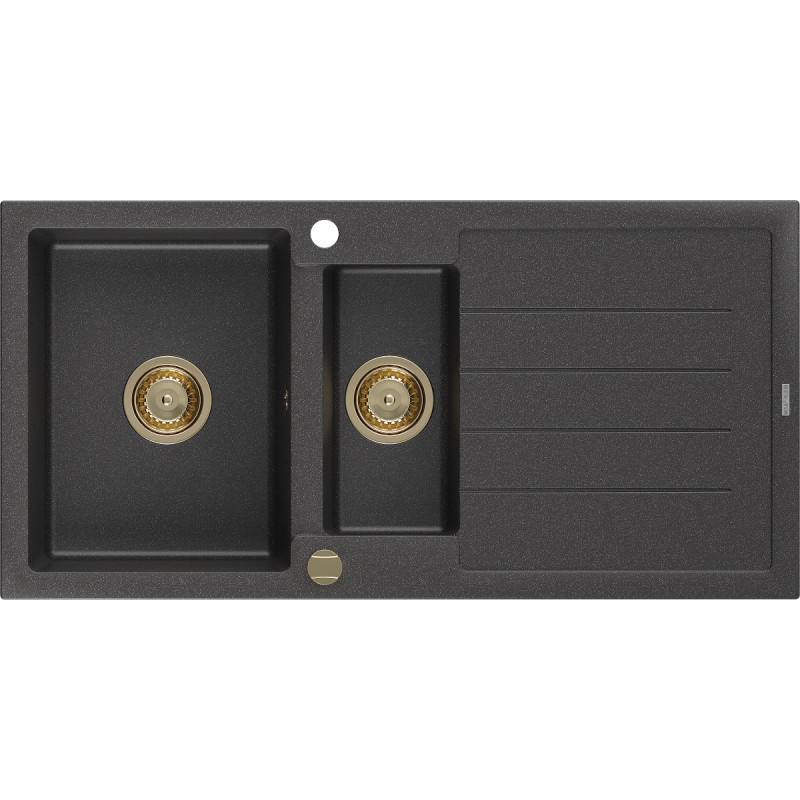 Mexen Andres Granitspüle 1,5-fach mit Abtropffläche 1000 x 500 mm schwarz gesprenkelt, Siphon gold - 6515101510-76-G