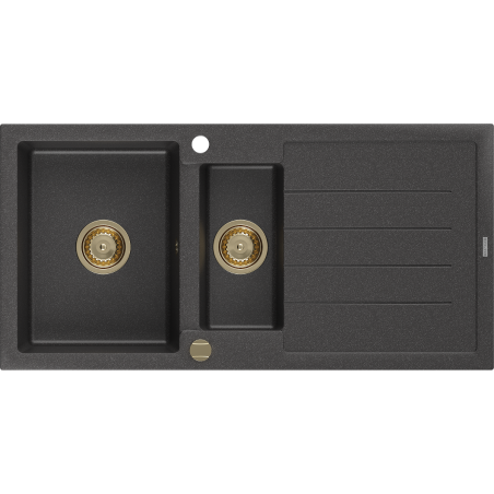 Mexen Andres Granitspüle 1,5-becken mit Abtropffläche 1000 x 500 mm schwarz gesprenkelt, goldener Siphon - 6515101510-76-G