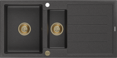 Mexen Andres Granitspüle 1,5-becken mit Abtropffläche 1000 x 500 mm schwarz gesprenkelt, goldener Siphon - 6515101510-76-G