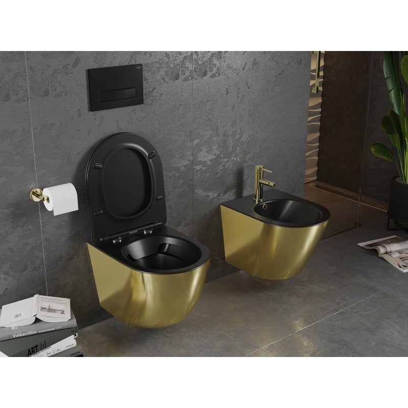 Mexen Lena WC-Schüssel Rimless mit Soft-Close-Slim-Deckel, Duroplast, Schwarz Matt/Gold - 30224076