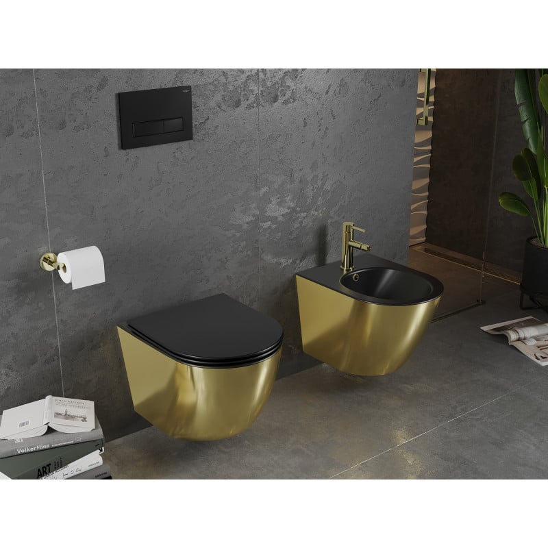 Mexen Lena WC-Schüssel Rimless mit Soft-Close-Slim-Deckel, Duroplast, Schwarz Matt/Gold - 30224076