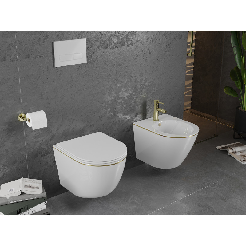 Mexen Lena WC-Schüssel Rimless mit softclose Slim-Sitz, Duroplast, weiß/goldene Linie - 30224005