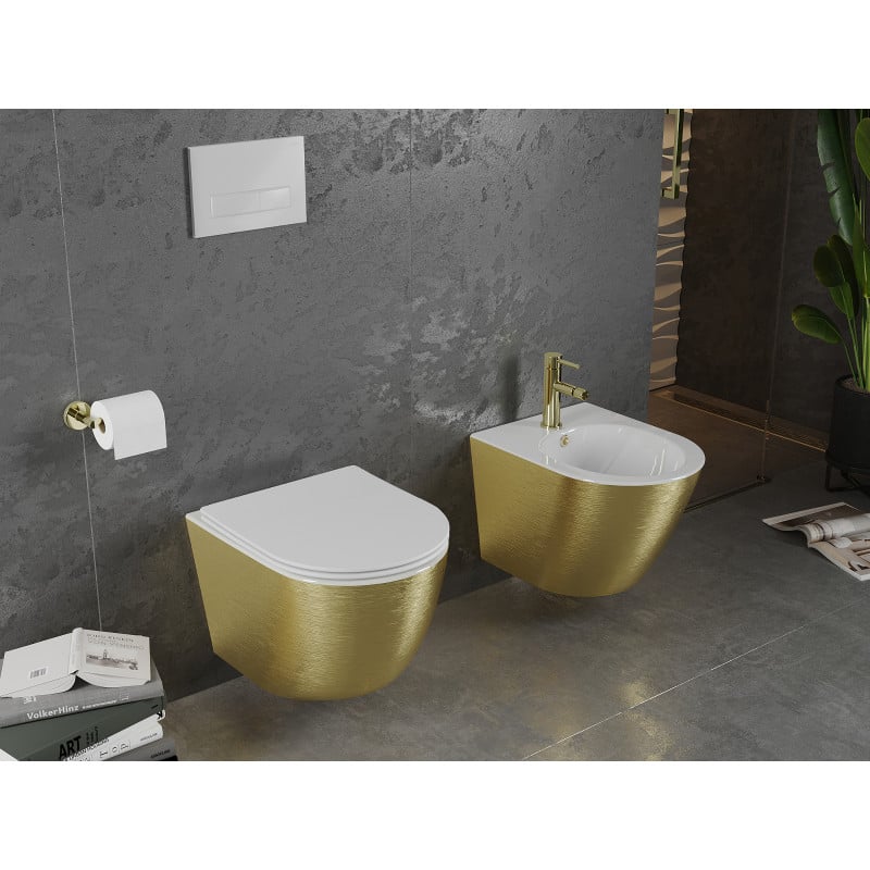 Mexen Lena WC-Schüssel Rimless mit langsam schließendem Slim-Sitz, Duroplast, weiß/golden Linienmuster - 30224007