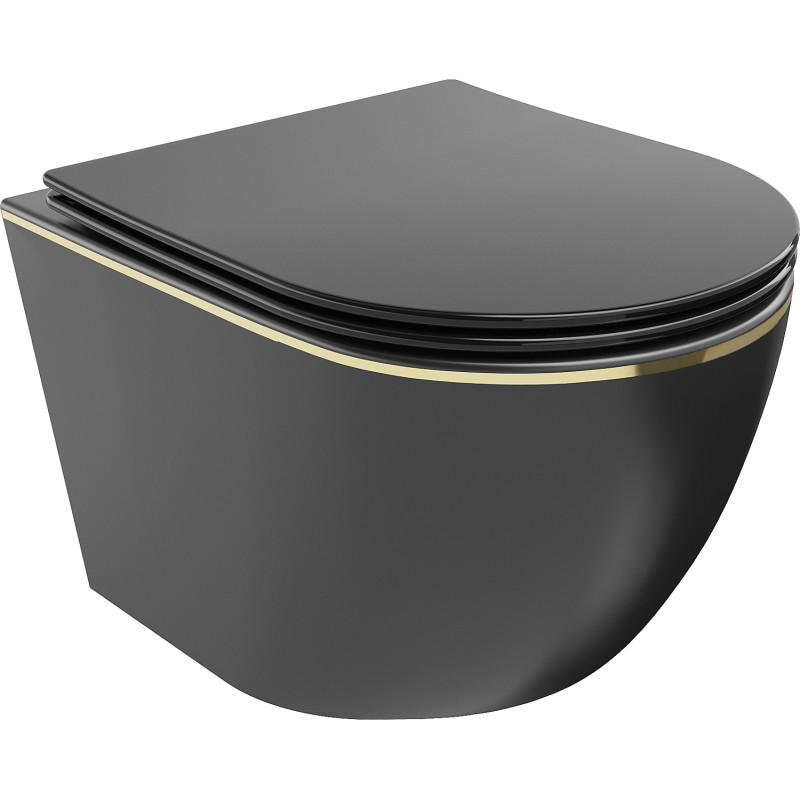 Mexen Lena WC-Schüssel Rimless mit Soft-Close-Slim-Sitz, Duroplast, schwarz matt/goldene Linie - 30224075