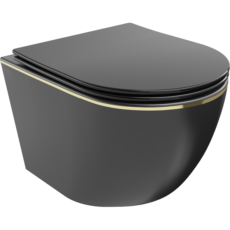 Mexen Lena WC-Schüssel Rimless mit Softclose-Slim-Sitz, Duroplast, Schwarz Matt/Goldene Linie - 30224075