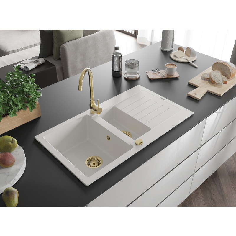 Mexen Matias Granitspüle 1,5-Kammer mit Abtropffläche 900 x 505 mm, weiß, goldener Siphon - 6502901505-20-G