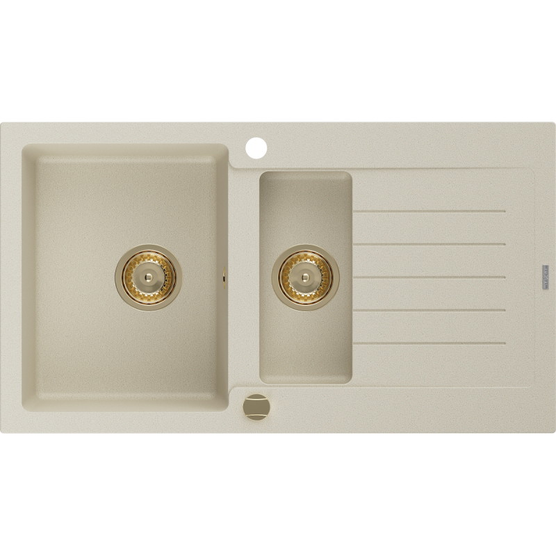 Mexen Matias Granitspüle 1,5-Becken mit Abtropffläche 900 x 505 mm, beige, goldener Siphon - 6502901505-69-G