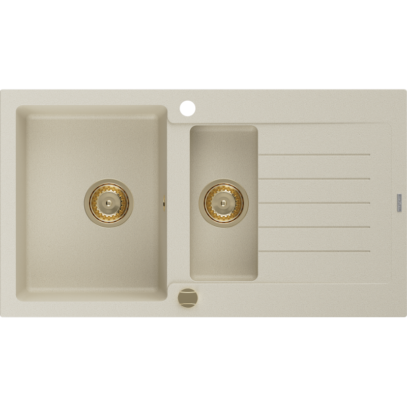 Mexen Matias Granitspüle 1,5-beckig mit Abtropffläche 900 x 505 mm, beige, goldener Siphon - 6502901505-69-G