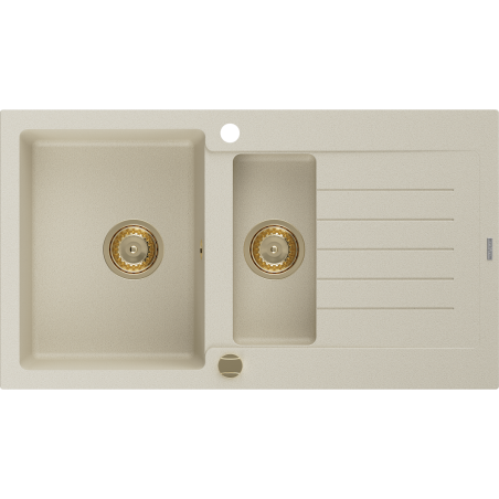 Mexen Matias Granitspüle 1,5-beckig mit Abtropffläche 900 x 505 mm, beige, goldener Siphon - 6502901505-69-G