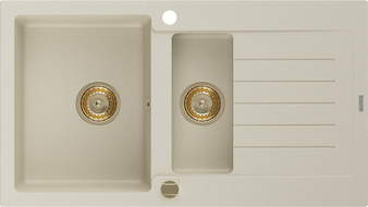 Mexen Matias Granitspüle 1,5-Becken mit Abtropffläche 900 x 505 mm, beige, goldener Siphon - 6502901505-69-G