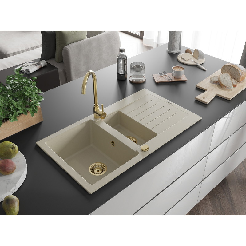 Mexen Matias Granitspüle 1,5-Becken mit Abtropffläche 900 x 505 mm, beige, goldener Siphon - 6502901505-69-G