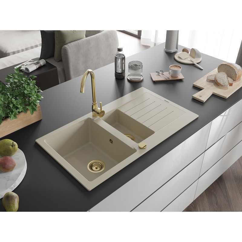 Mexen Matias Granitspüle 1,5-beckig mit Abtropffläche 900 x 505 mm, beige, goldener Siphon - 6502901505-69-G