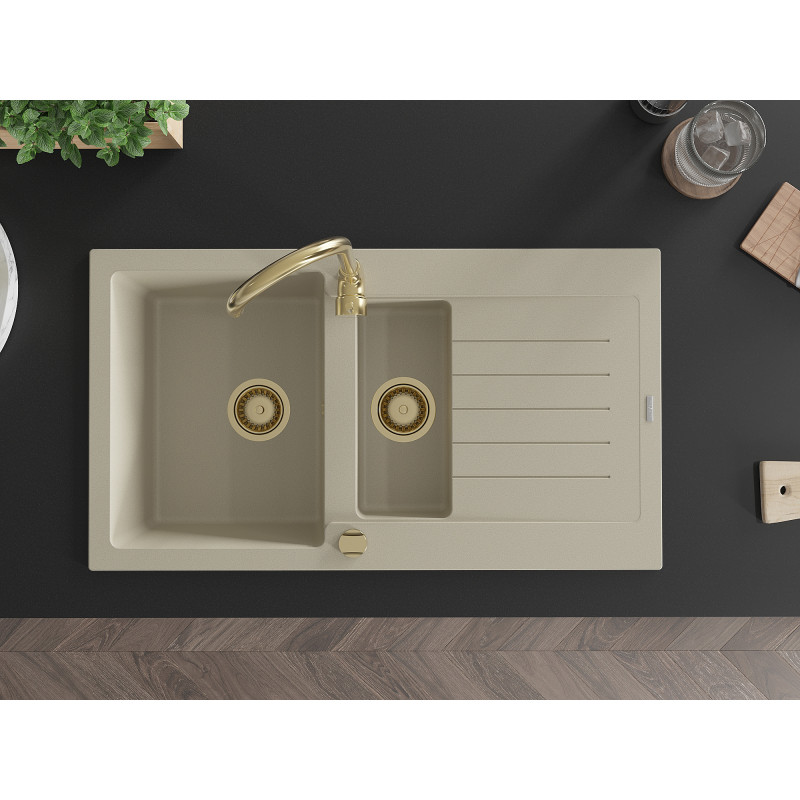 Mexen Matias Granitspüle 1,5-beckig mit Abtropffläche 900 x 505 mm, beige, goldener Siphon - 6502901505-69-G