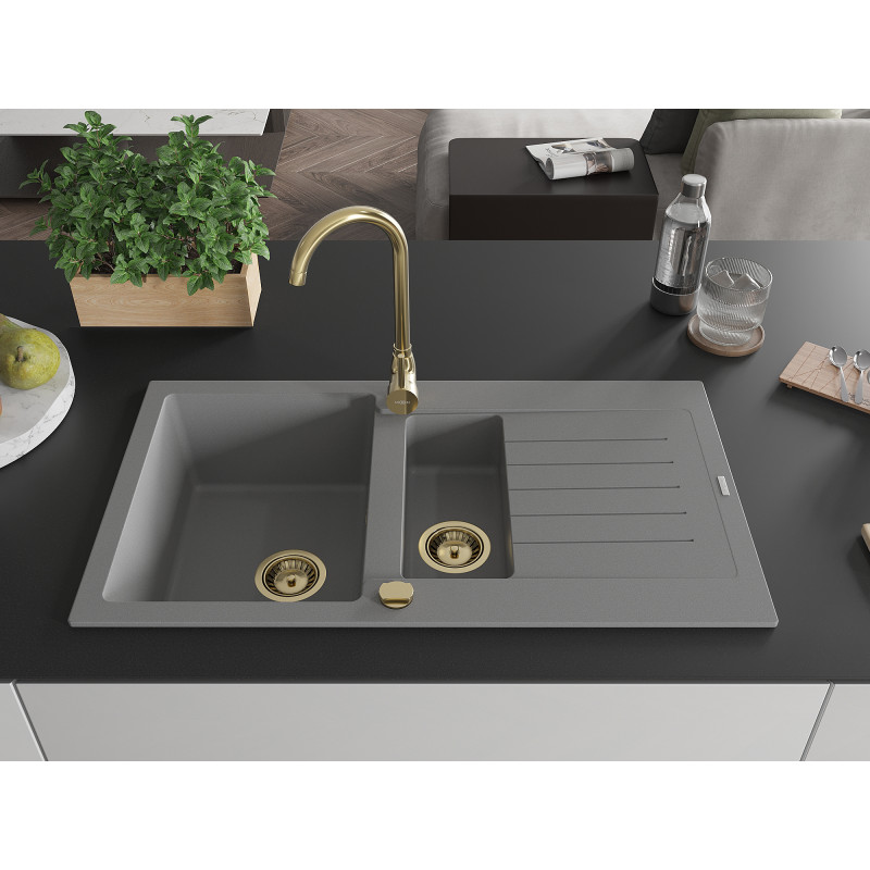 Mexen Matias Granitspüle 1,5-fach mit Abtropffläche 900 x 505 mm, grau, Siphon gold - 6502901505-71-G