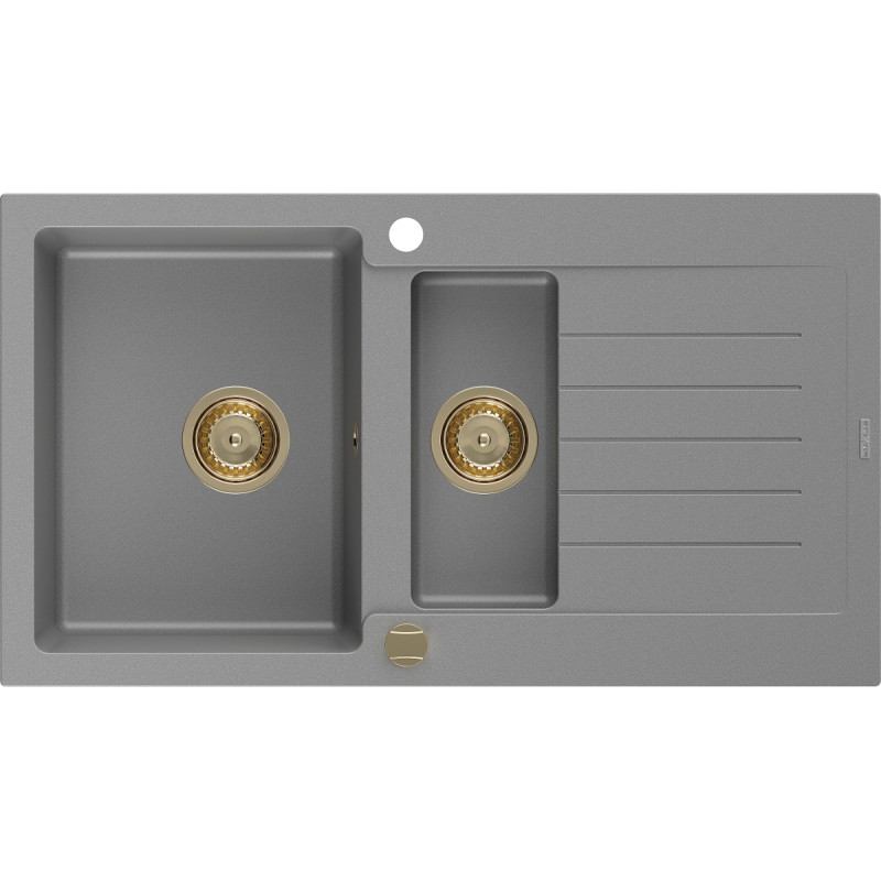 Mexen Matias granitspüle 1,5-becken mit abtropffläche 900 x 505 mm, grau, syphon gold - 6502901505-71-G