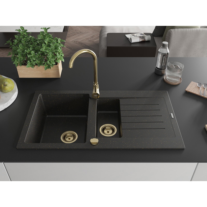 Mexen Matias Granitspüle 1,5-Becken mit Abtropffläche 900 x 505 mm, Schwarz/Gold Metallic, Goldener Siphon - 6502901505-75-G