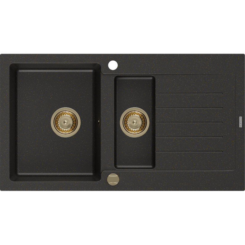 Mexen Matias Granitspüle 1,5-Becken mit Abtropffläche 900 x 505 mm, Schwarz/Gold Metallic, Goldener Siphon - 6502901505-75-G