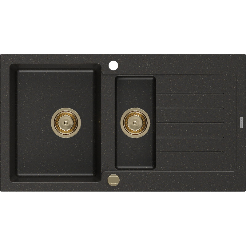 Mexen Matias Granitspüle 1,5-Becken mit Abtropffläche 900 x 505 mm, schwarz/gold metallisch, Siphon gold - 6502901505-75-G