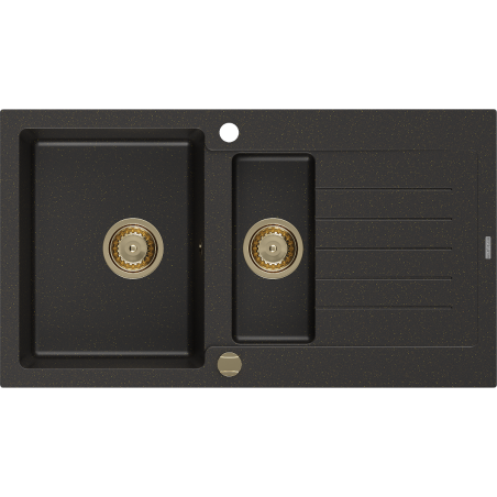 Mexen Matias Granitspüle 1,5-Becken mit Abtropffläche 900 x 505 mm, Schwarz/Gold Metallic, Goldener Siphon - 6502901505-75-G