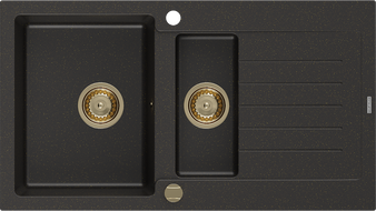 Mexen Matias Granitspüle 1,5-Becken mit Abtropffläche 900 x 505 mm, Schwarz/Gold Metallic, Goldener Siphon - 6502901505-75-G